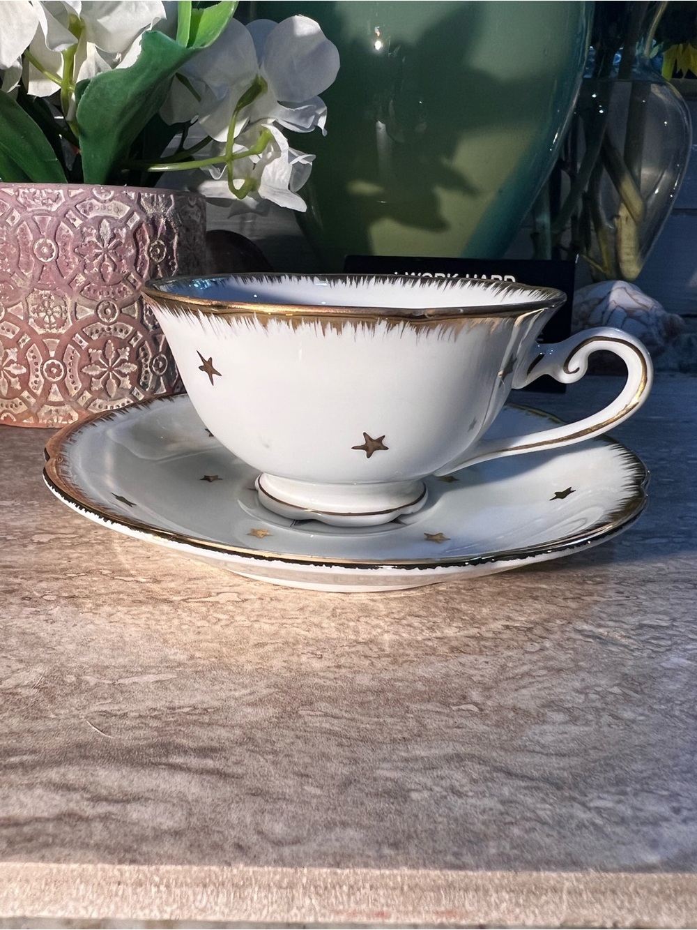 White Porcelain Order of the Eastern Star Teacup & Saucer with Gold Trim